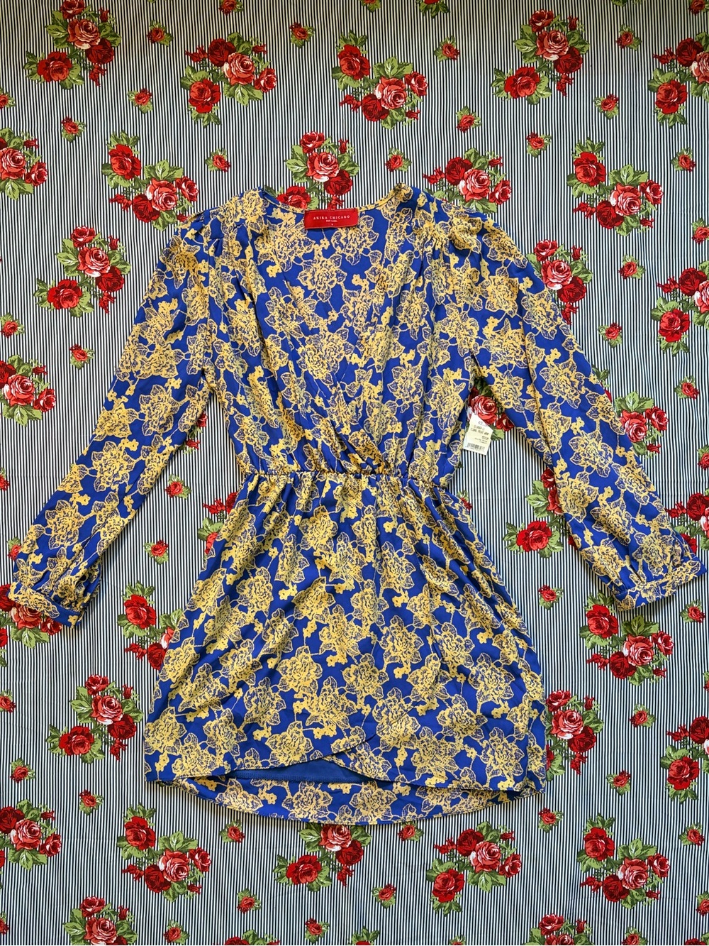NWT Akira Chicago Red Label Blue and Gold Floral Wrap Dress
